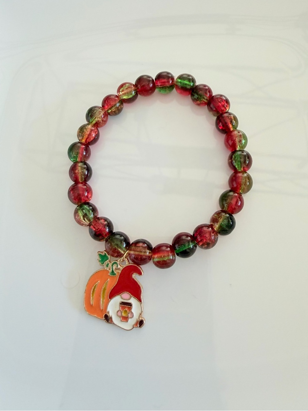 Handmade Red & Green Beaded Bracelet with Pumpkin Gnome Charm